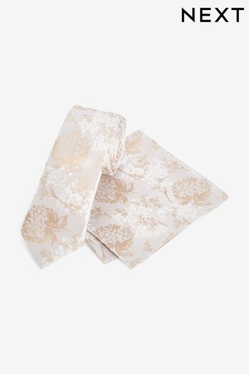 Champagne Cream Slim Silk Tie And Pocket Square Set (C71499) | £20
