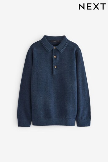 Navy Blue Long Sleeve Knitted Textured Polo Shirt (3-16yrs) (C71840) | £13 - £18