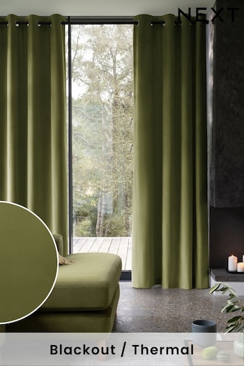 Olive Green Matte Velvet Eyelet Blackout/Thermal Curtains (C71865) | £50 - £135