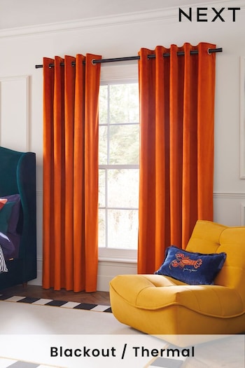 Burnt Orange Matte Velvet Blackout/Thermal Eyelet Curtains (C72024) | £50 - £135