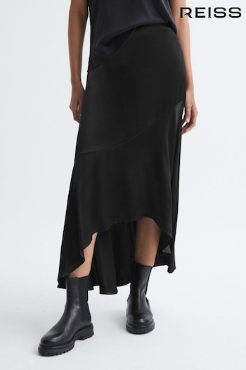 Reiss Black Inga Satin High Rise Midi Skirt (C72620) | £158