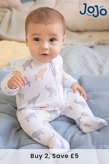 JoJo Maman Bébé Multi Elephant Print Zip Cotton Baby Sleepsuit (C72709) | £20