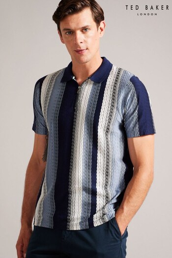 Ted Baker Blue Walraf Textured Stripe Zip Polo Shirt (C72910) | £80
