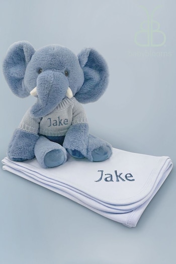 Babyblooms Blue Personalised Elephant Soft Toy with Snuggle Wrap Gift Set (C72998) | £56