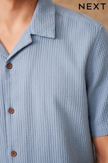 Blue Textured Short Sleeve Shirt With Cuban Collar (C73179) | £30