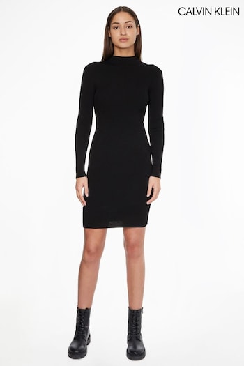 Calvin Klein Iconic Rib Mock Neck Black Dress (C73623) | £200