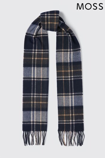 MOSS Navy Blue Check Recycled Cashmink Scarf (C74030) | £30