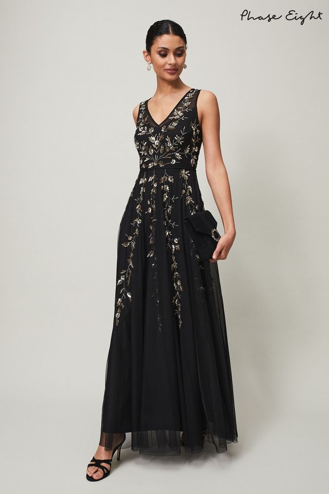 Phase Eight Anabella Black Beaded Tulle Dress (C74327) | £325