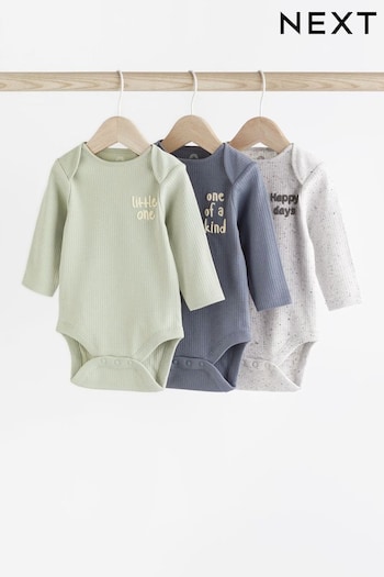 Grey/Blue Long Sleeve Baby Bodysuits 3 Pack (C74400) | £12 - £14