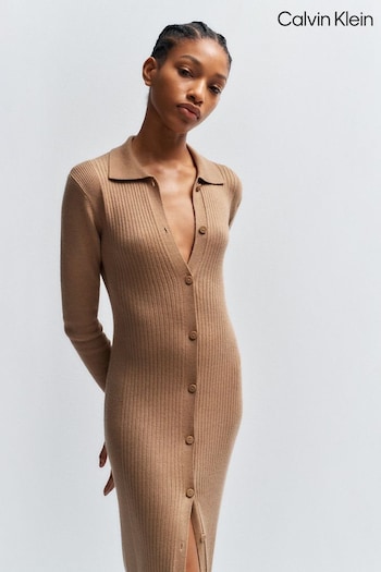 Calvin Womens Klein Natural Wool Tencil Rib Dress (C74529) | £200
