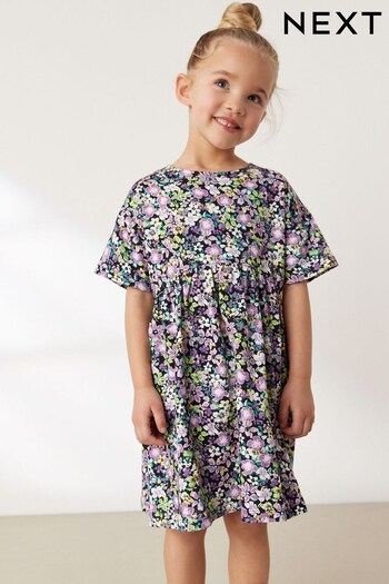 Lilac Purple/Green Floral Ditsy Print Short Sleeve Jersey Dress (3-16yrs) (C74545) | £5 - £7.50