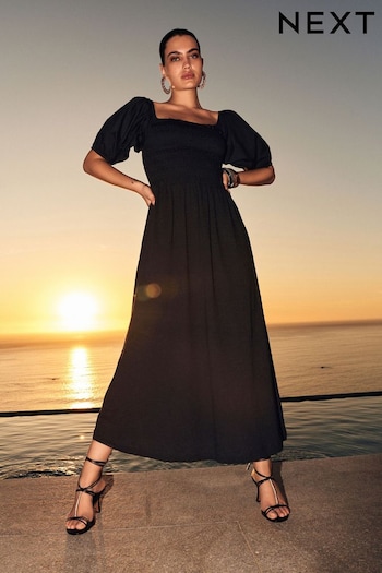 Black Puff Sleeve Square Neck 100% Cotton Midi Dress (C74555) | £26