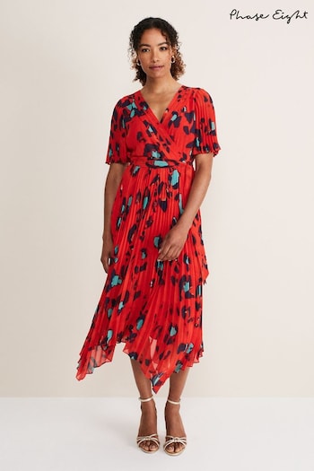 Phase Eight Red Kendall Print Pleat Dress organic (C74785) | £139