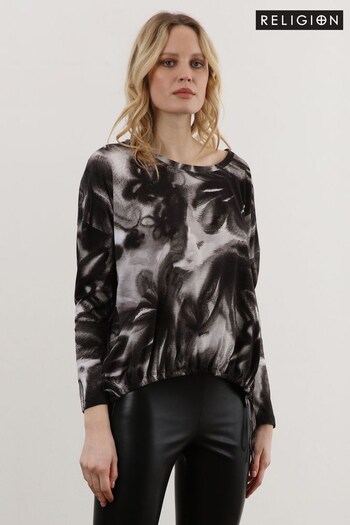 Religion Black Long Sleeve Sustainable Jersey Top In Abstract Floral (C75171) | £50