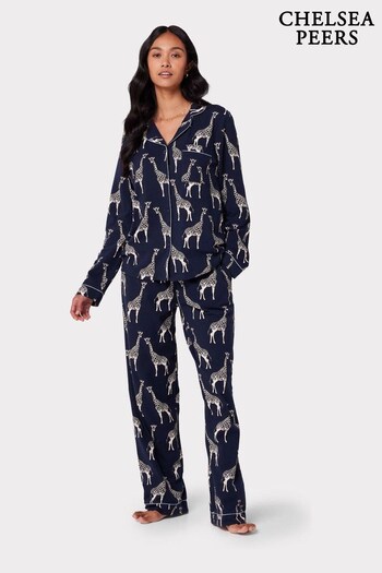 Chelsea Peers Blue Organic Cotton Giraffe Print Long Pyjama Set (C75211) | £55