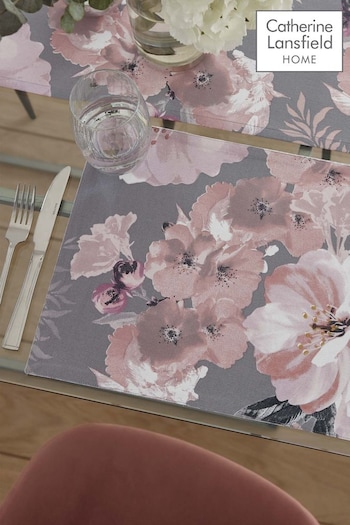 Catherine Lansfield 4 Pack Grey Dramatic Floral Wipeable Placemats (C75578) | £20