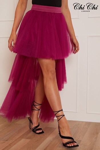 Chi Chi London Pink Tiered Tulle Dip Hem Skirt (C75908) | £98