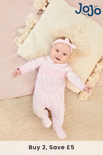 JoJo Maman Bébé Pink Floral Smocked Cotton Baby Sleepsuit (C76010) | £23