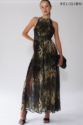 Religion Black Halterneck Maxi Dress In Beautiful Golden and Black Print (C76361) | £105