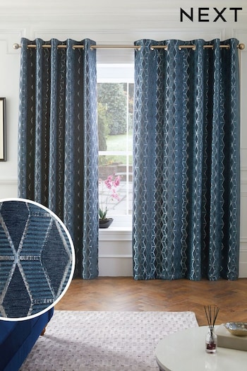 Blue Sparkle Geometric Eyelet Curtains (C76524) | £75 - £165