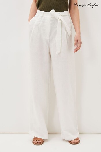 Phase Eight White Aaliyah Linen Belted Wide Leg Trousers Sleeve (C76793) | £89