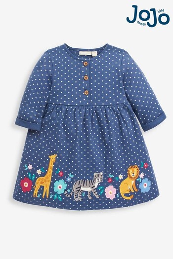 JoJo Maman Bébé Denim Blue Safari Animals Girls' Appliqué Button Front Dress (C76870) | £22