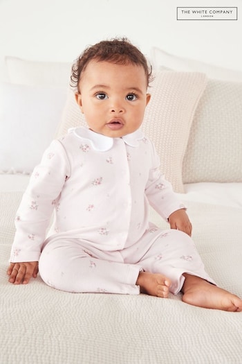 The White Company Pink Organic Cotton Hattie Floral Scallop Collared Sleepsuit (C76979) | £22