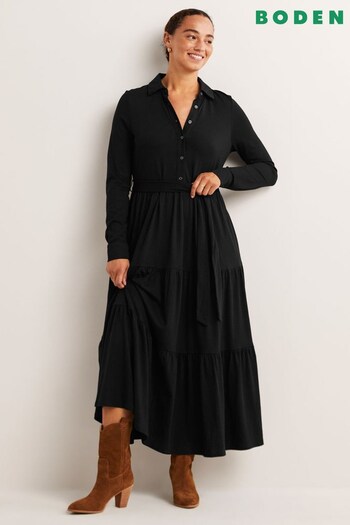 Boden Black Tiered Jersey Maxi Shirt Dress (C76982) | £98