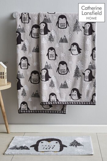 Catherine Lansfield Set of 2 Grey Cosy Penguin Cotton Christmas Towels (C77203) | £26