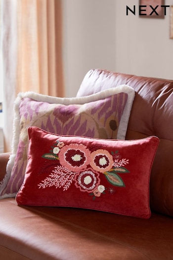 Rose Pink Roaming Embroidered 50 x 30cm Floral Cushion (C77404) | £24