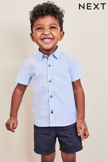 Blue Short Sleeve Trimmed Oxford Shirt ruched (3mths-7yrs) (C77592) | £10 - £12
