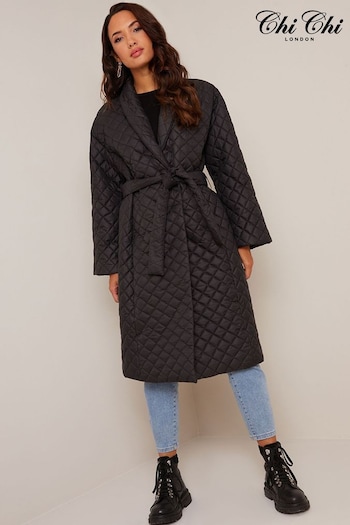 Chi Chi London Black Diamond Quilted Longline Belted Coat (C77630) | £95