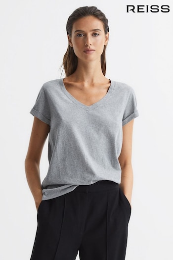 Reiss Grey Luana Cotton Jersey V-Neck T-Shirt (C77840) | £35