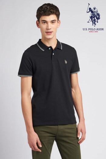 U.S. Polo Assn. Mens Black Twin Tipped Pique SS Polo Shirt (C77861) | £45