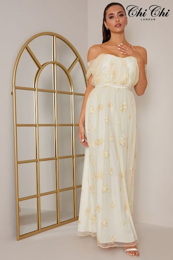 Chi Chi London Cream Bardot Embroidered Floral Dobby Lace Maxi Dress (C78706) | £98