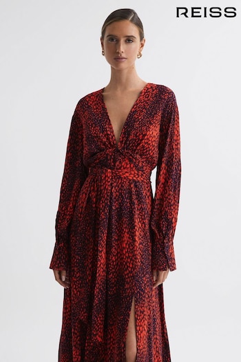 Reiss Red Maya Petite Animal Print Blouson Sleeve Midi Dress (C78741) | £198