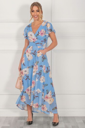 Jolie Moi Blue Eliza Dip Hem Mesh Maxi Dress (C78921) | £89