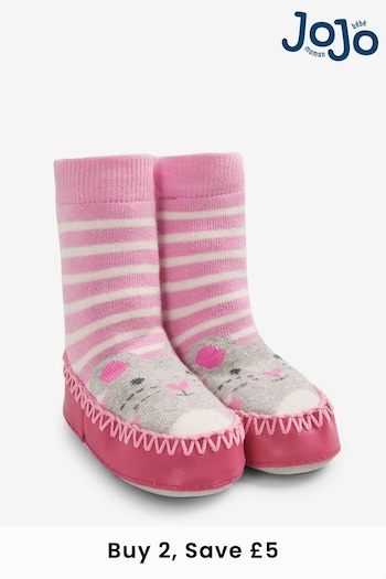 JoJo Maman Bébé Pink Girls' Mouse Moccasin Slipper Socks (C79429) | £12.50