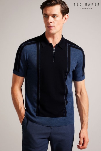 Ted Baker Blue Jesty Zip Neck Merino Polo T-Shirt (C79729) | £85