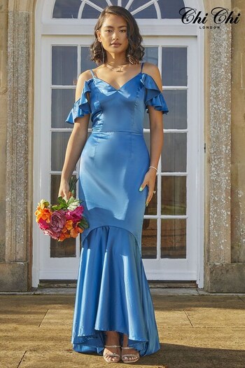 Chi Chi London Blue Satin Cami Strap Ruffle Detail Bodycon Dress (C79790) | £95