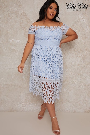 Chi Chi London Blue Plus Size Bardot Lace Midi Dress (C79821) | £100