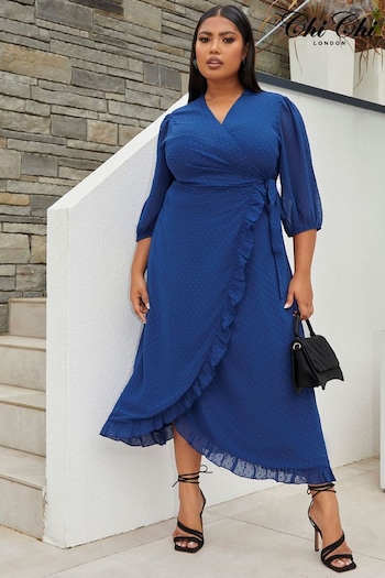 Chi Chi London Blue Curve Short Sleeve Dobby Wrap Midi Dress (C80159) | £65