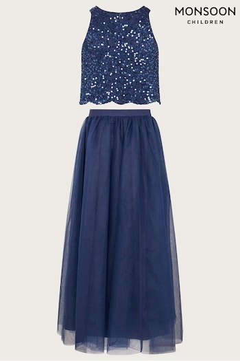 Monsoon Blue Sequin Top and Tulle Maxi Skirt Prom Set (C80205) | £60