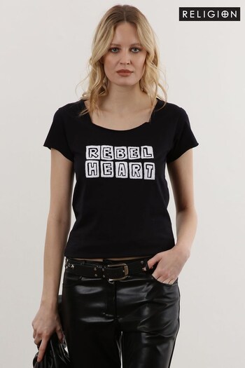 Religion Black Rebel Heart Cute T-Shirt with Beading (C80574) | £40