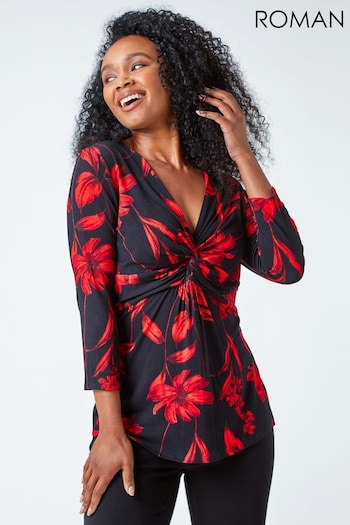 Roman Red Petite Knot Front Floral Print Top (C80826) | £30