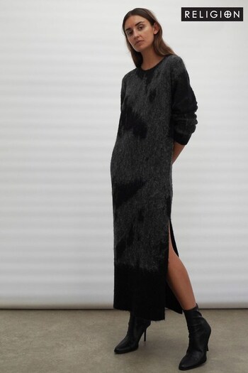 Religion Grey Cosy Heritage Knitted Midi Dress In Soft Fluffy Yarn (C80859) | £90