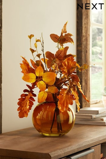 Orange Artificial Autumnal Leaves In Amber Glass Vase (C80925) | £45