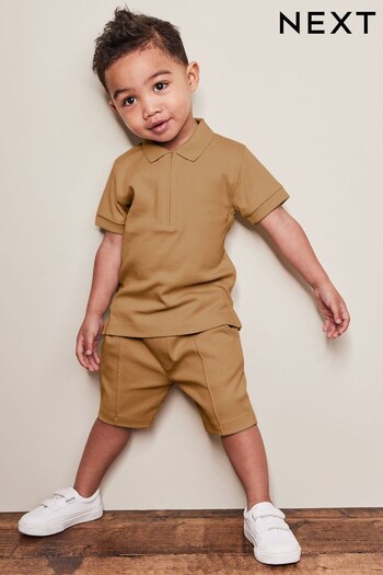 Tan Brown Short Sleeve Jersey Zip Neck Polo Shirt And Shorts Set (3mths-7yrs) (C80973) | £14 - £18