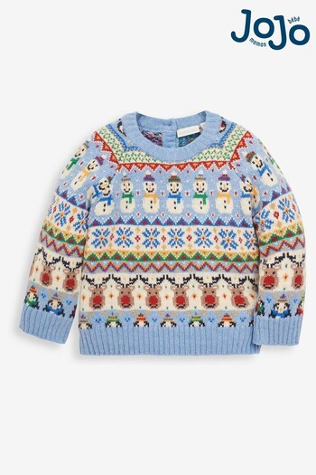 JoJo Maman Bébé Blue Snowman Fair Isle Jumper (C81002) | £14