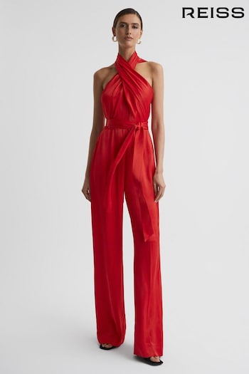 Reiss Red Jules Satin Halter Neck Fitted Jumpsuit (C81221) | £268